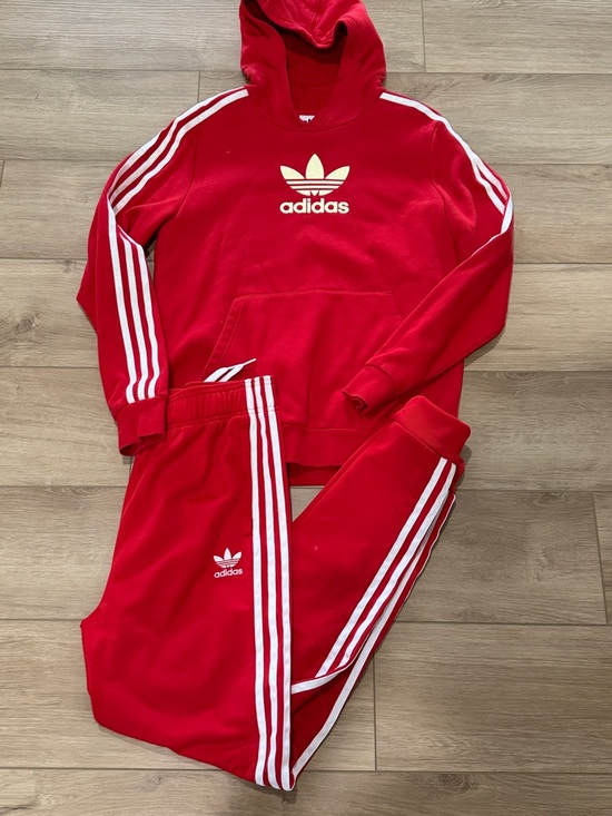adidas Other - adidas Red Hoodie and Three-Stripe Track Pants Set with glitter accent XLarge